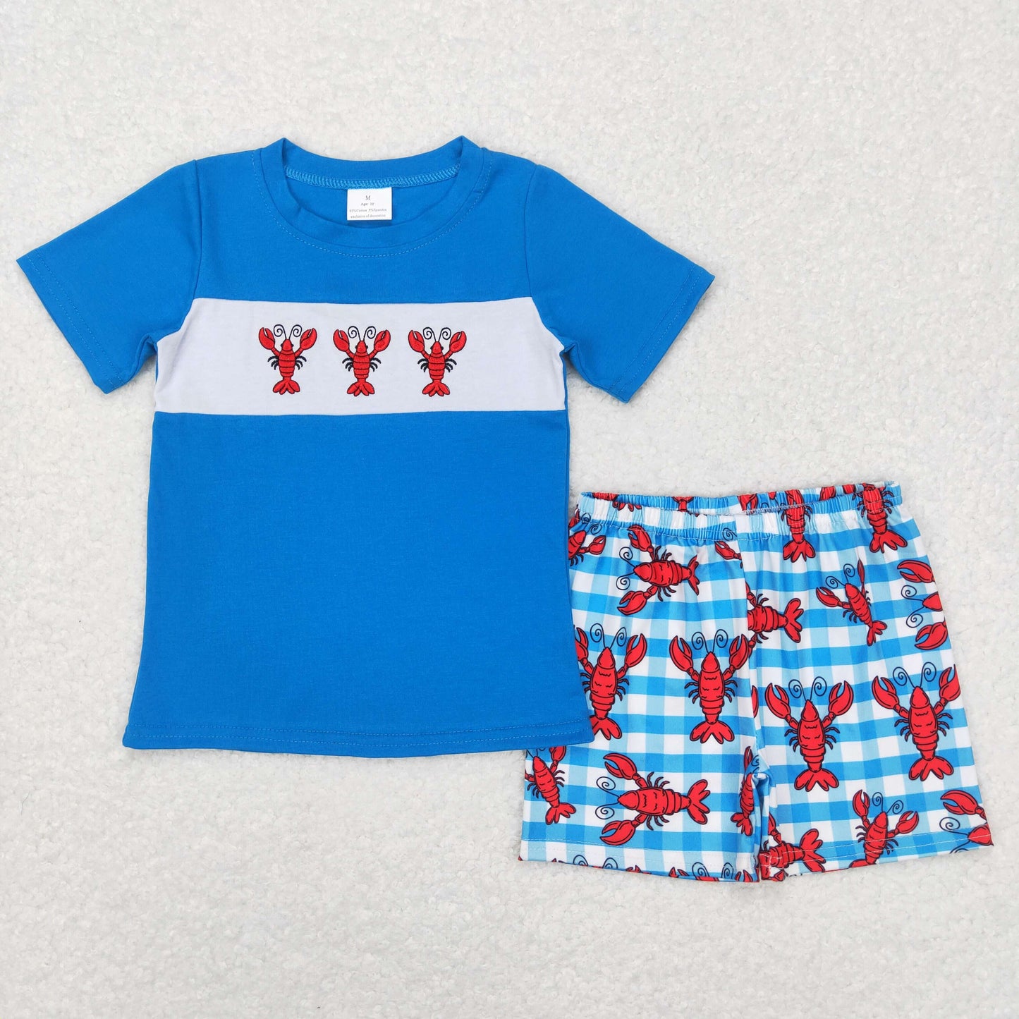 Blue Embroidered Lobster Plaid Boy Set