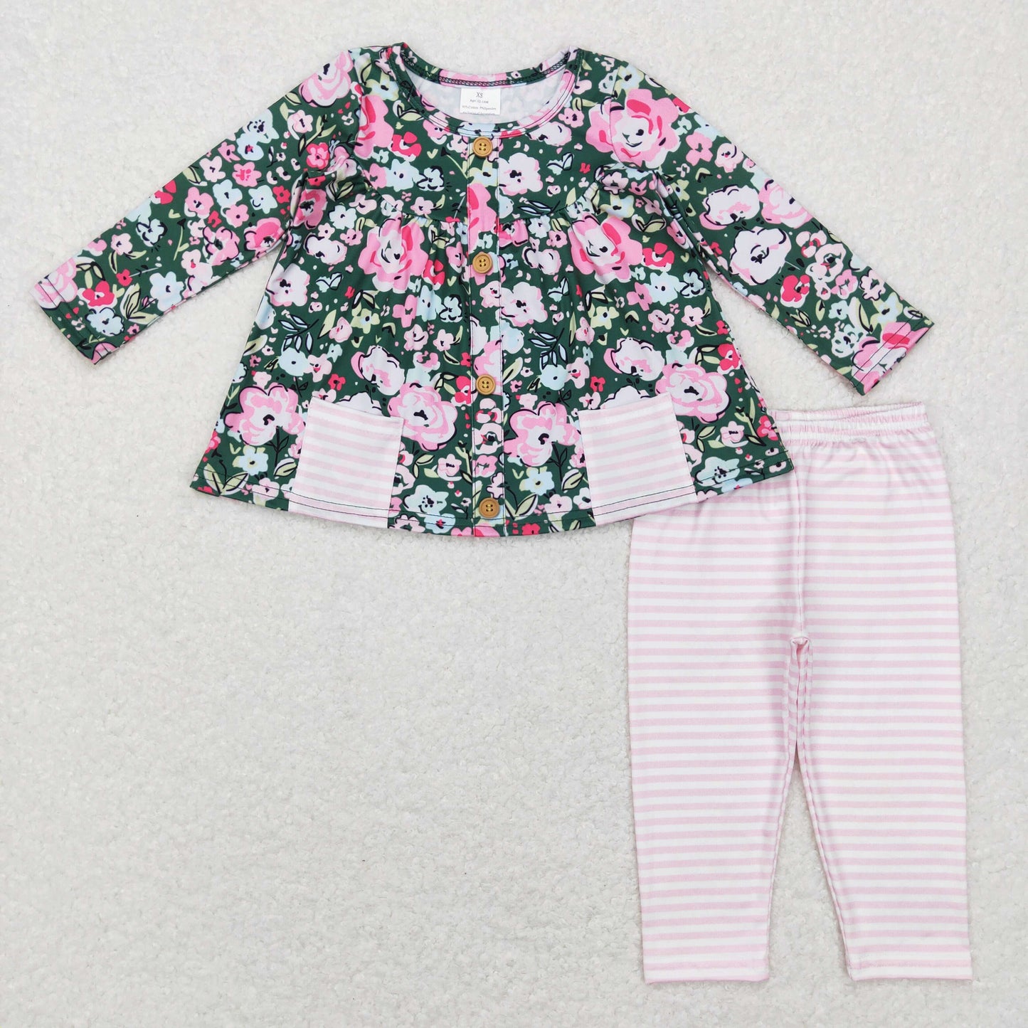 Fall Pink floral With Pocket Long Sleeve Pants Set