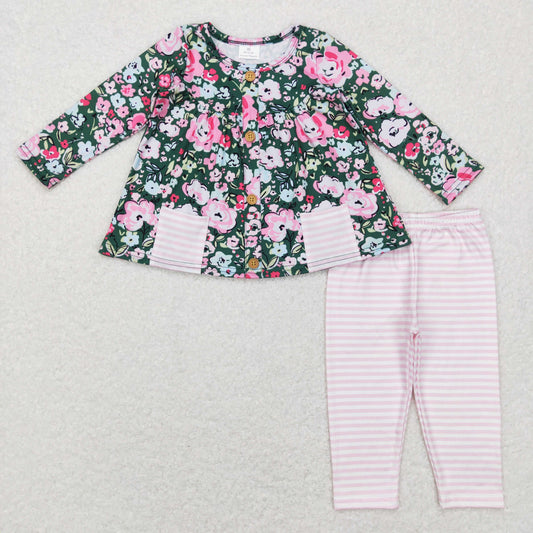 Fall Pink floral With Pocket Long Sleeve Pants Set