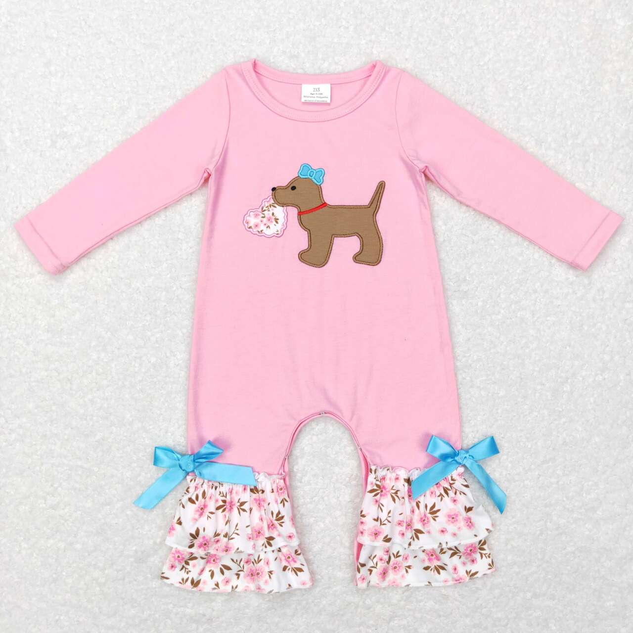 Pink Valentine's Day Embroidery Dog floral Long Sleeve Baby Romper