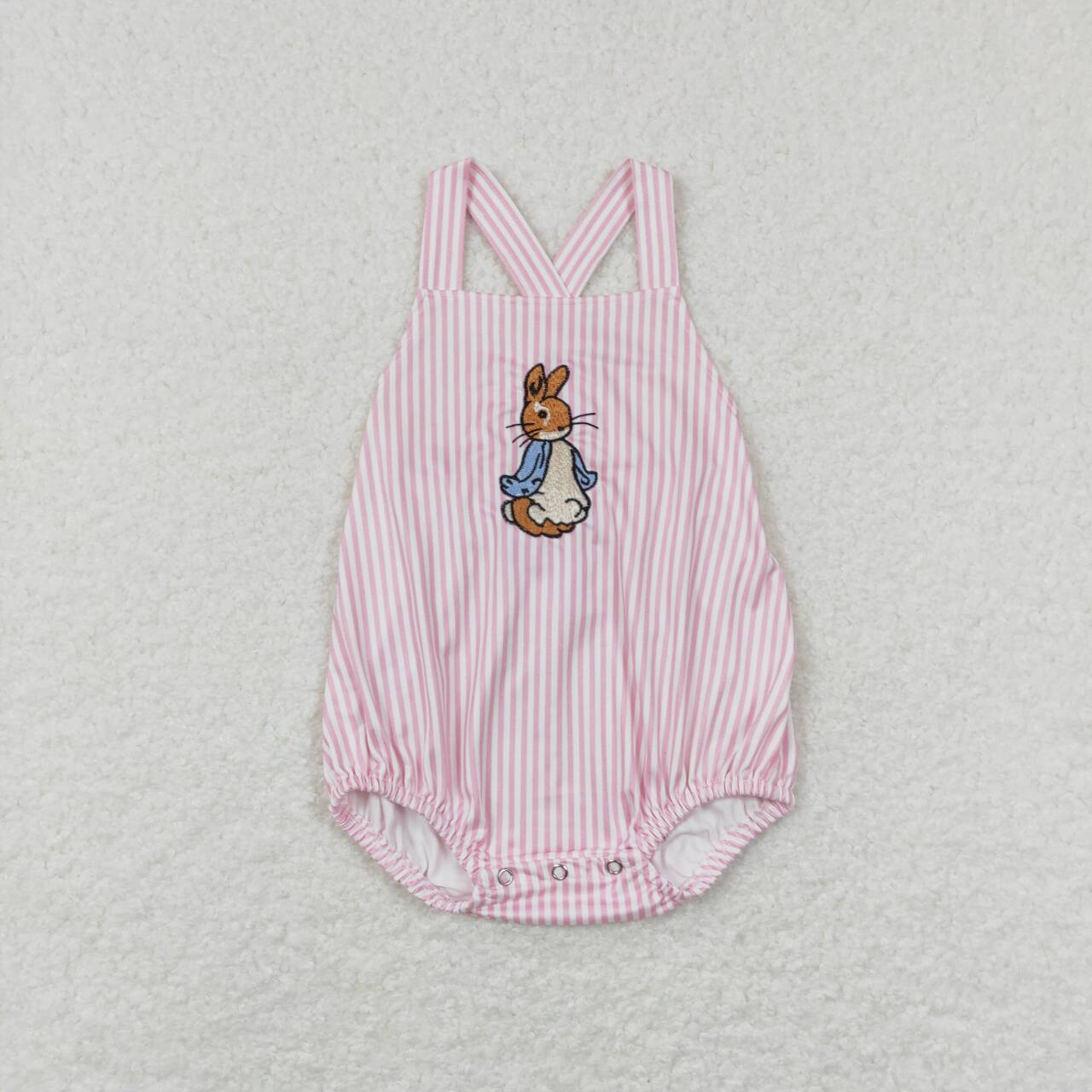 Easter Embroidered Pink Stripe Bunny Baby Romper