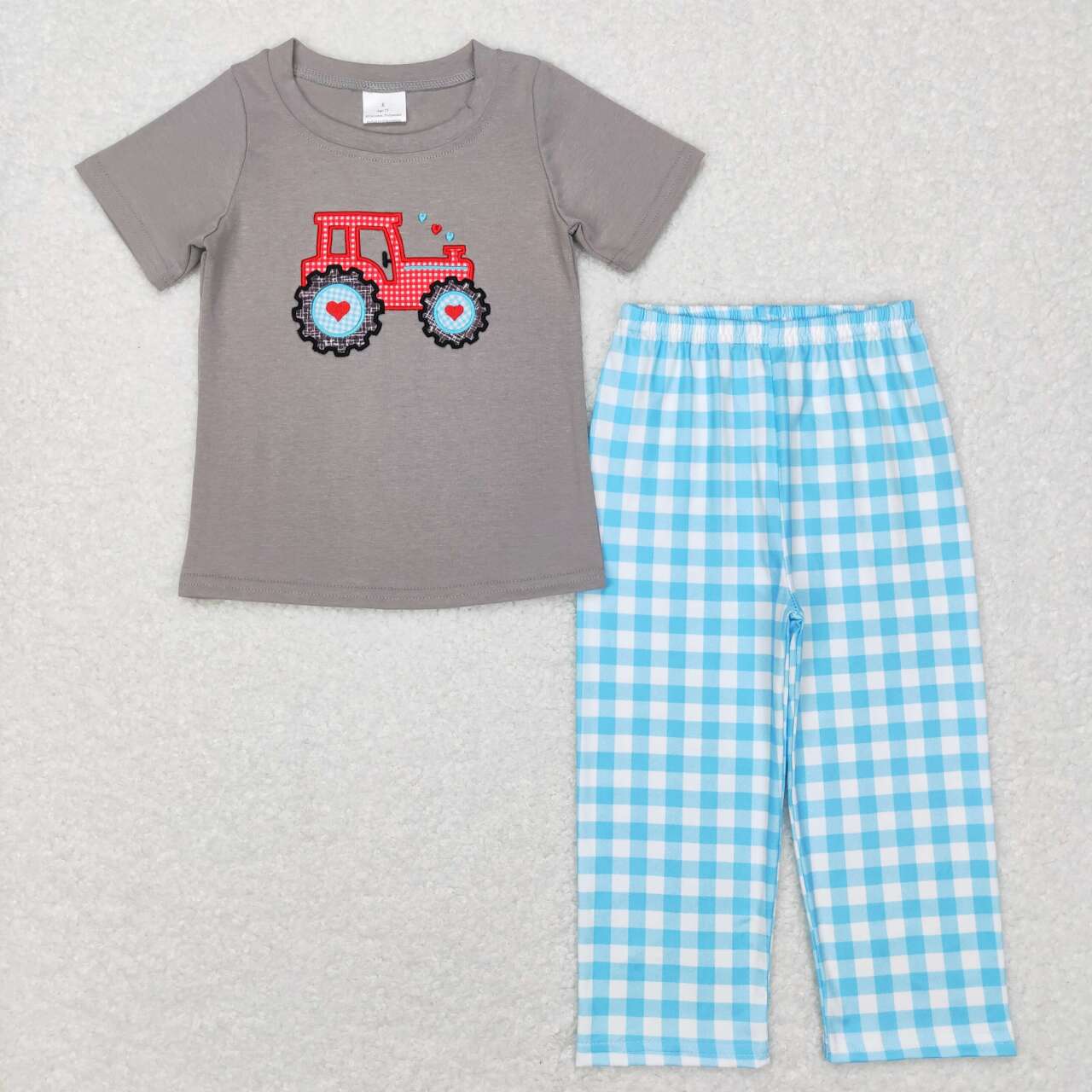 Valentine Day's Grey Car embroidery short sleeve Blue Plaid Print Boy Set