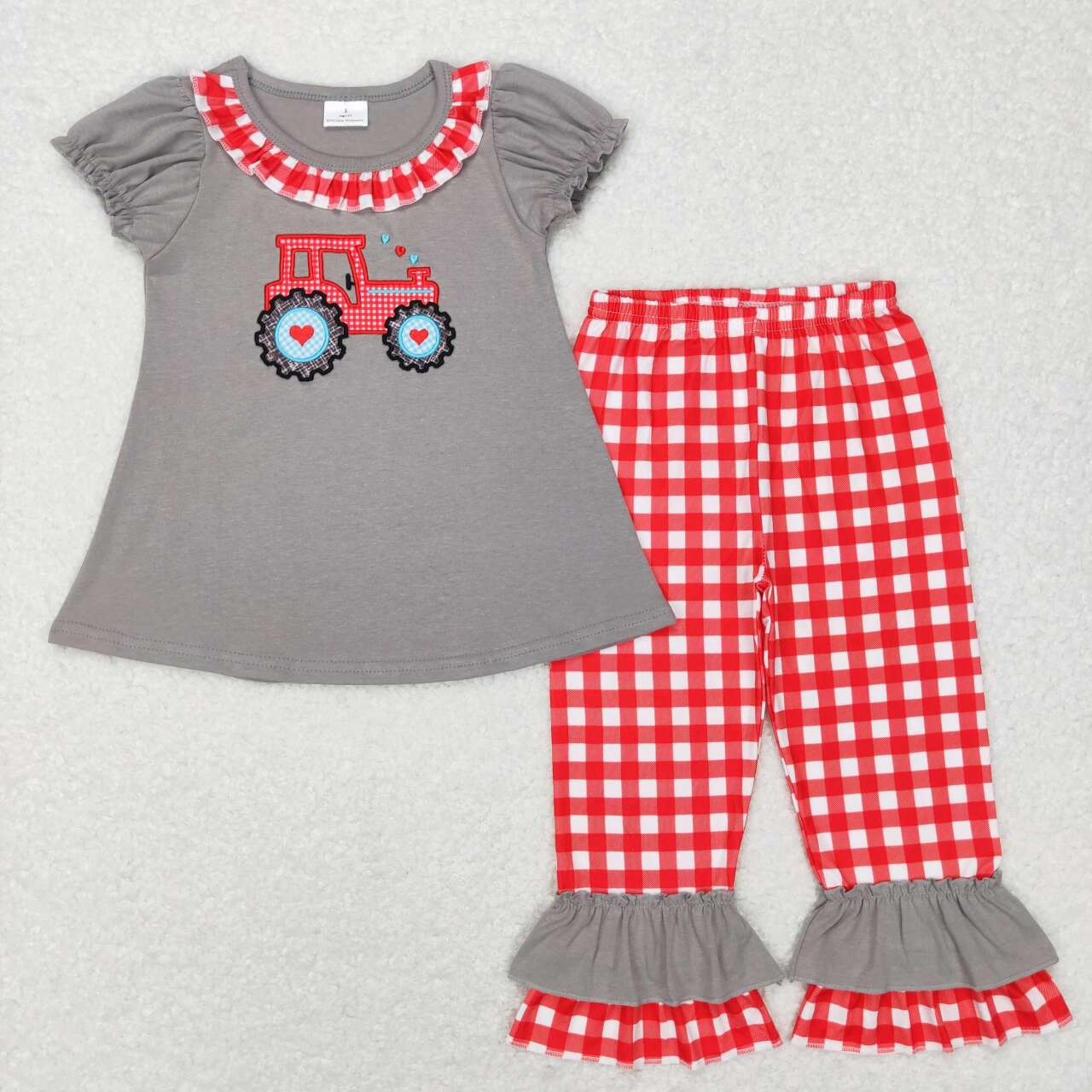 Grey embroidery short sleeve Red Plaid Print Girls Set