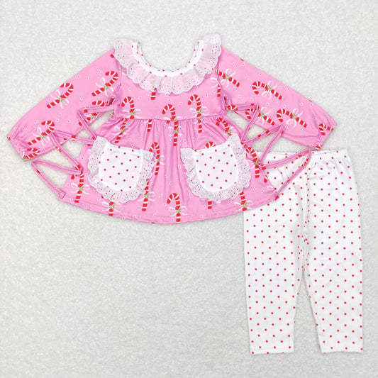 Christmas Pink Candy Print With Pocket Long Sleeve Pants Set
