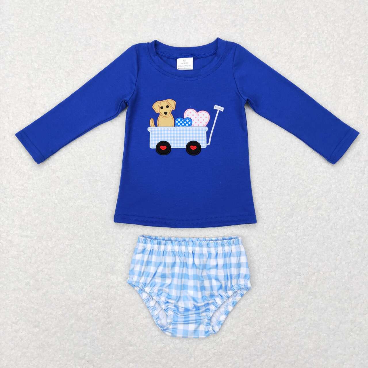 Valentine Day's Blue Dog Embroidery Long Sleeve Girls Bummies