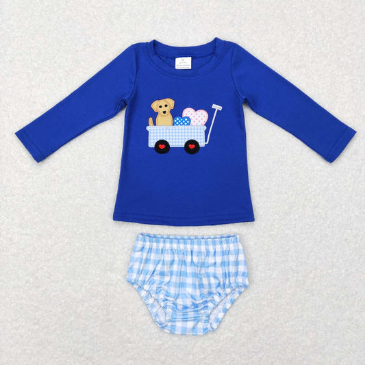 Valentine Day's Blue Dog Embroidery Long Sleeve Girls Bummies