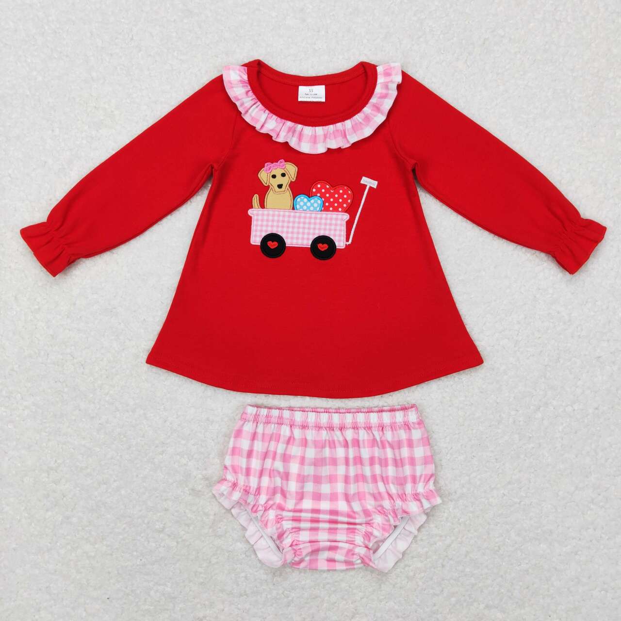 Valentine Day's Red Dog Embroidery Long Sleeve Girls Bummies