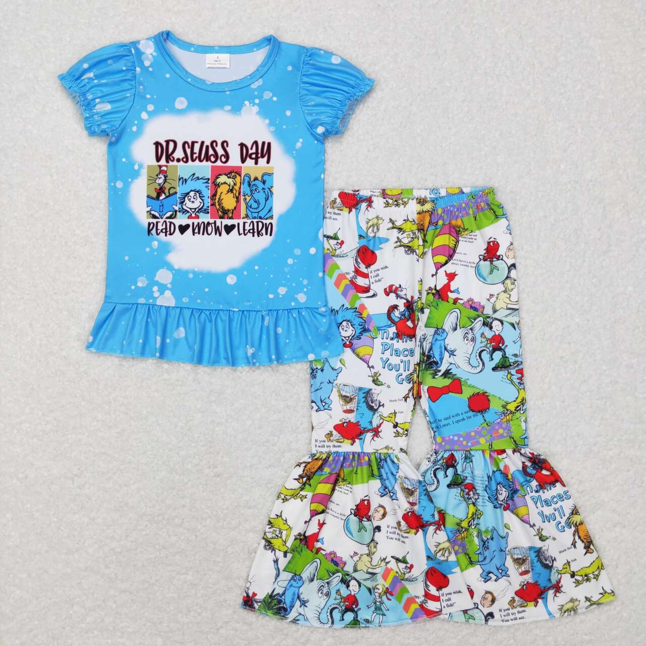 Blue Cartoon Print bell pants Girls Set