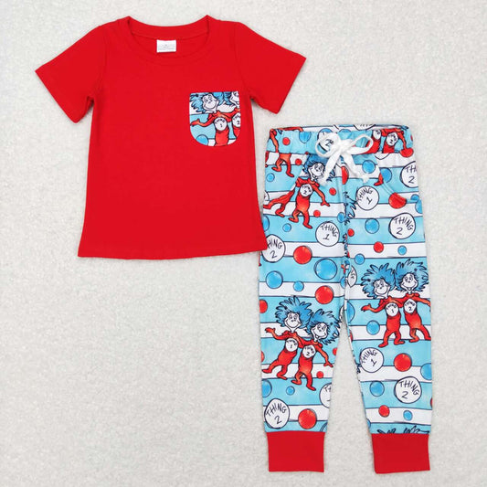 Red Cartoon Print Short-sleeved Boy Set