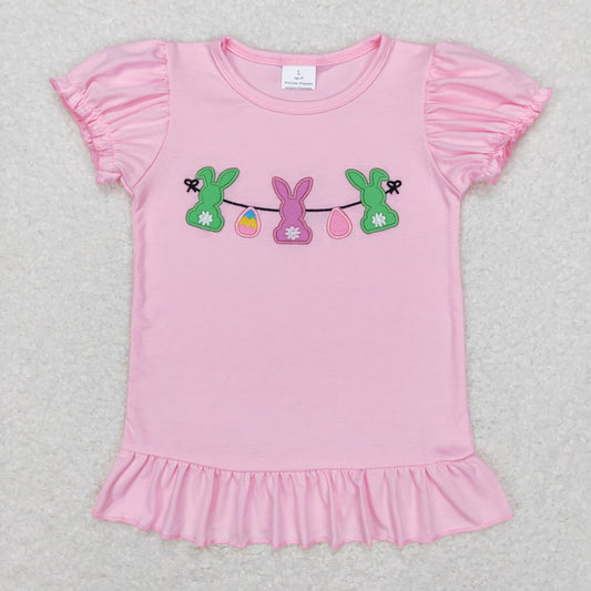 Easter Embroidery Pink Bunny Short Shirt