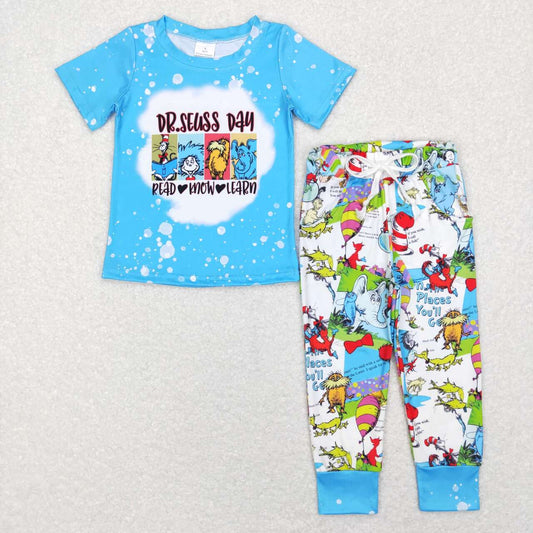 Blue Cartoon Print Short-sleeved Boy Set