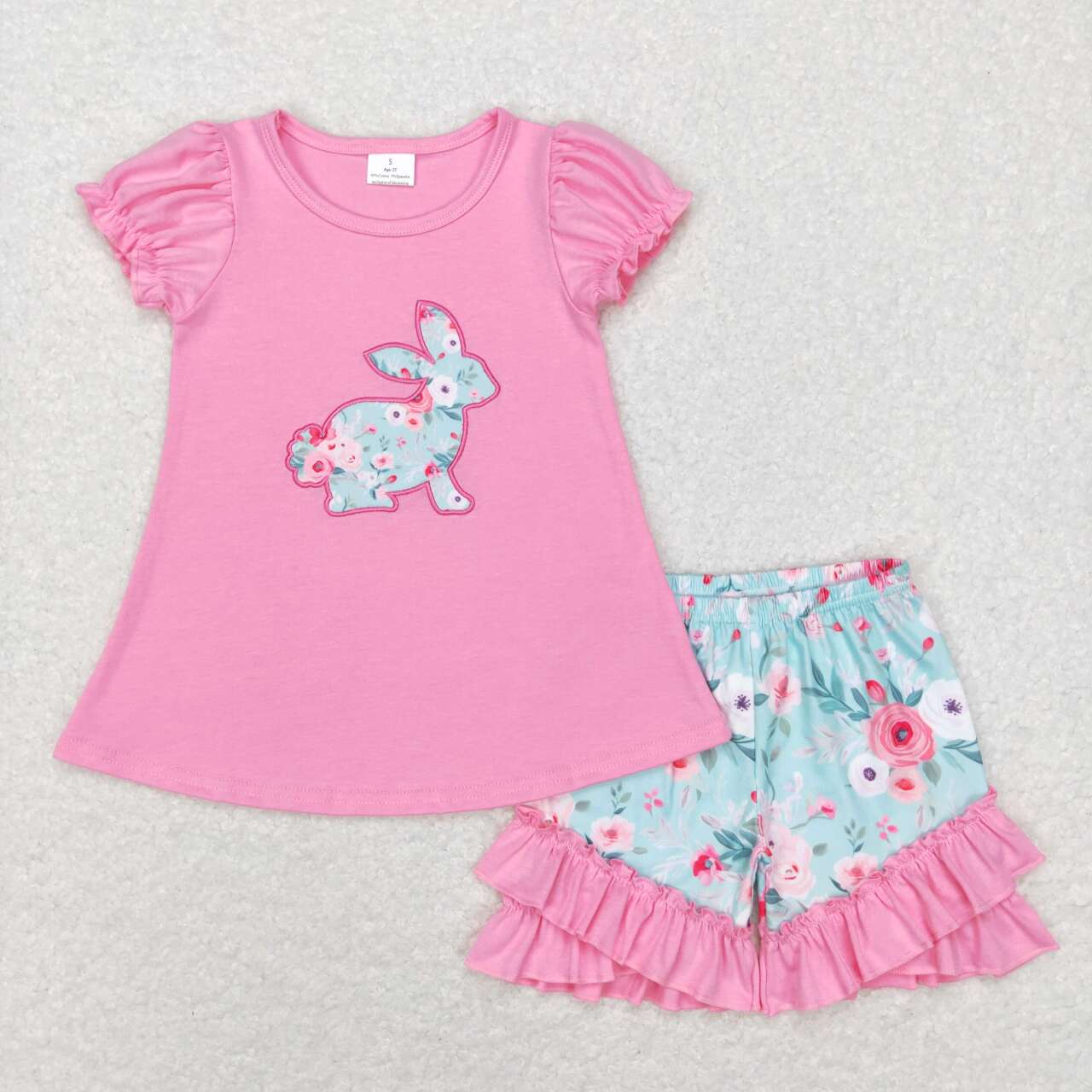 Easter Bunny embroidery floral Girls Outfits Set