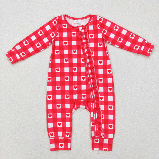 Valentine ’s Day Red Plaid Long Sleeve With Zipper Romper