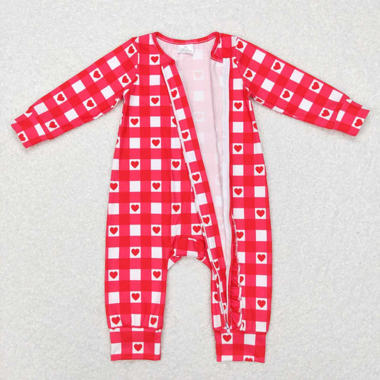 Valentine ’s Day Red Plaid Long Sleeve With Zipper Romper