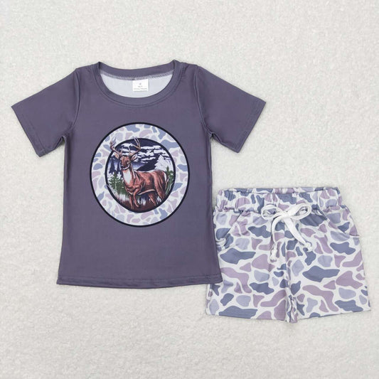 Grey Deer Dog Print short-sleeved Boy Set