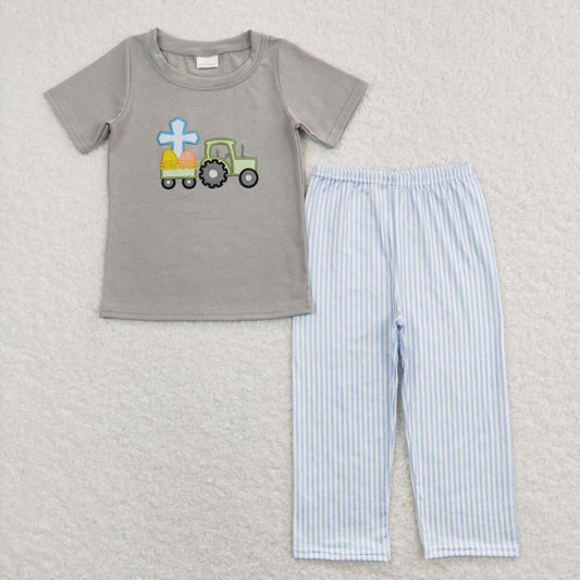Easter Grey embroidery short sleeve Blue Stripe Print Boy Set