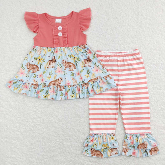 Easter Pink floral Bunny Print Short Sleeve pants Set