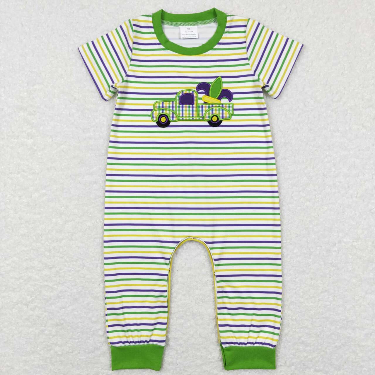 Mardi Gras Embroidered Green Striep Car Boy Baby Romper