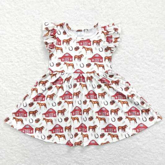 Farm Print Short Sleeve Girls Dress