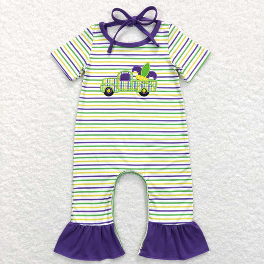 Mardi Gras Embroidered Green Striep Car Girls Baby Romper