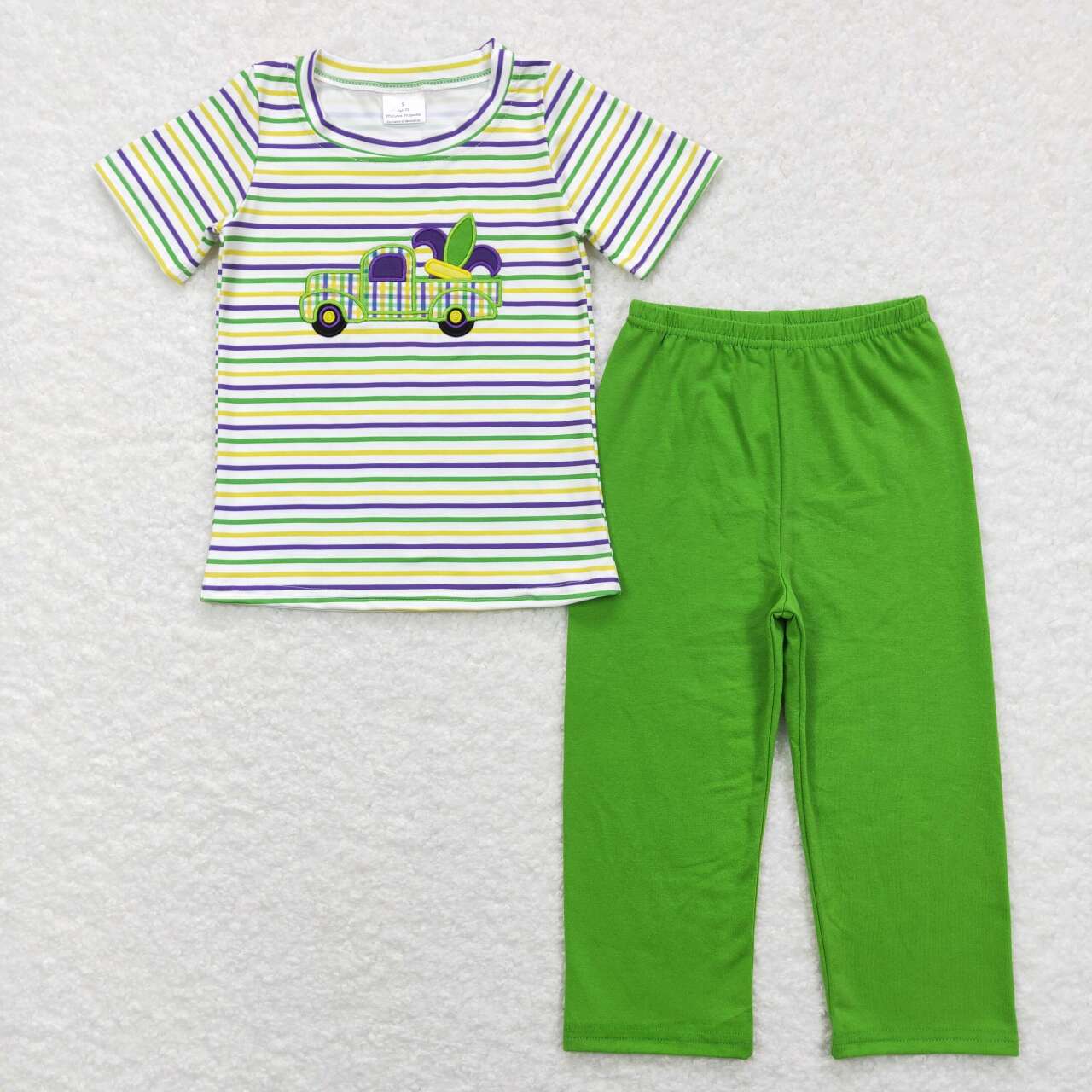 Mardi Gras Embroidered Green Car Print Short Sleeve Boy Set