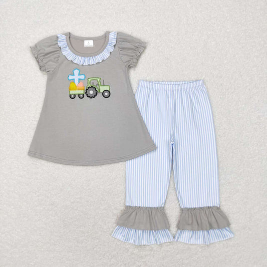 Easter Grey embroidery short sleeve Blue Stripe Print Girls Set