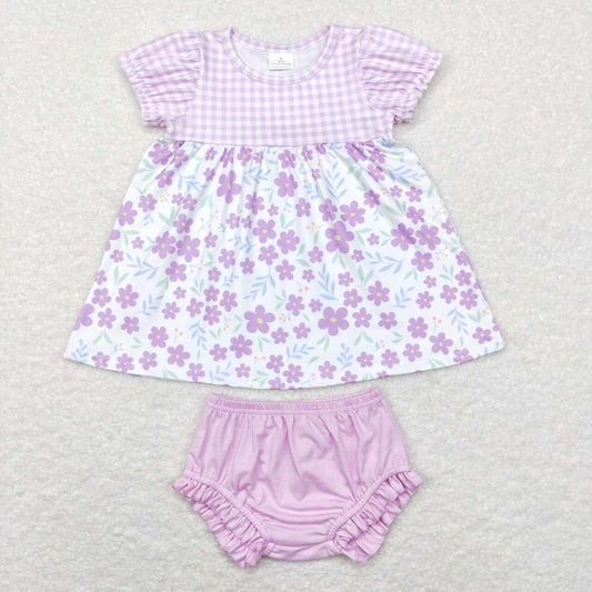 Purple Plaid floral Bummies Girls Set