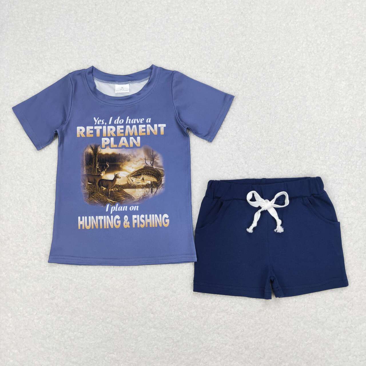 Blue Hunting Fishing Print Boy Summer Set