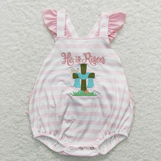 Easter Embroidered he is risen cross Baby Romper