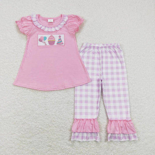 Pink Embroidered Happy birthday Pants Set