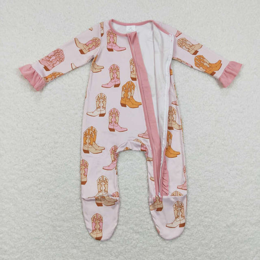 Western Pink Boots Romper With Zipper