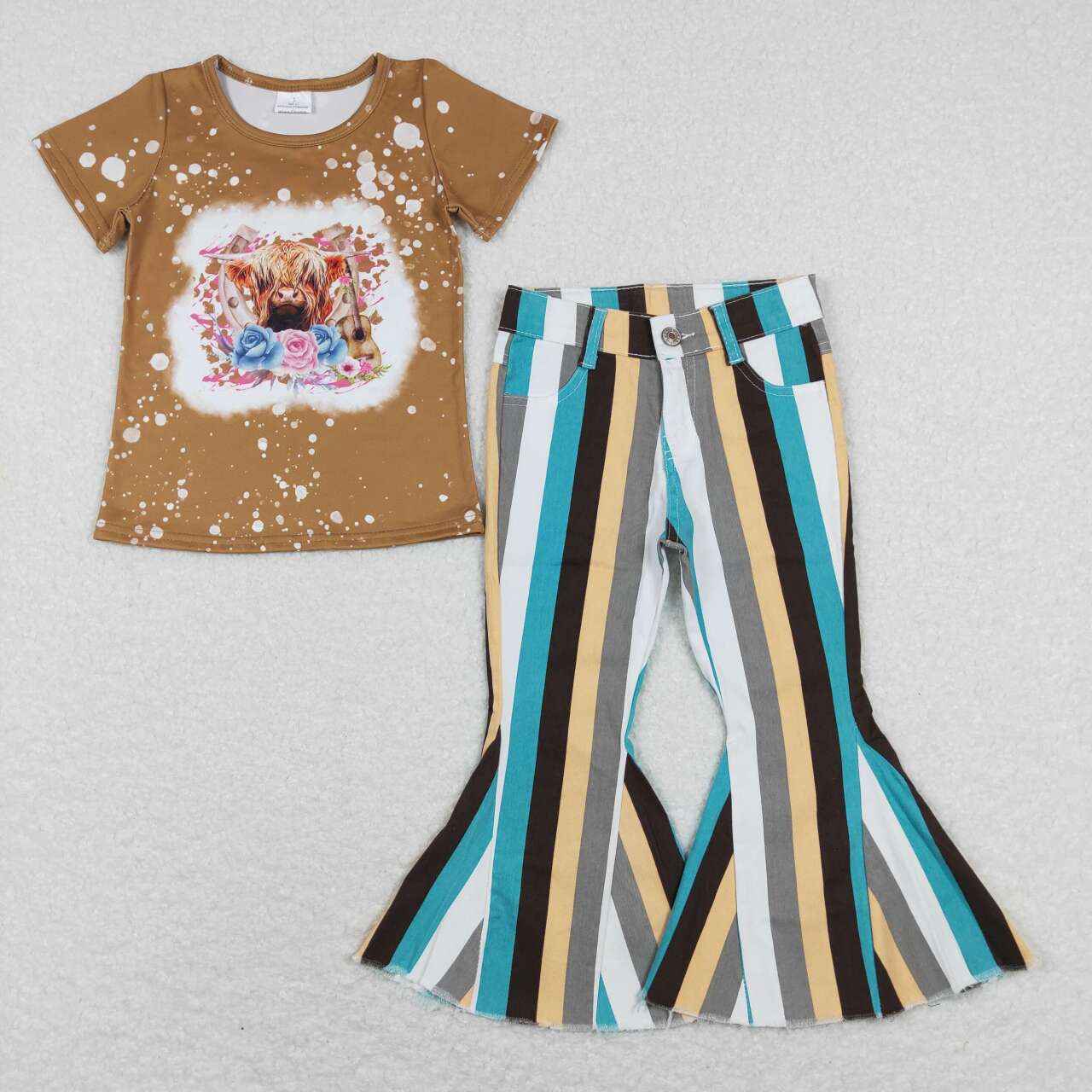 brown bleached cow Short Shirt +Stripe Jeans