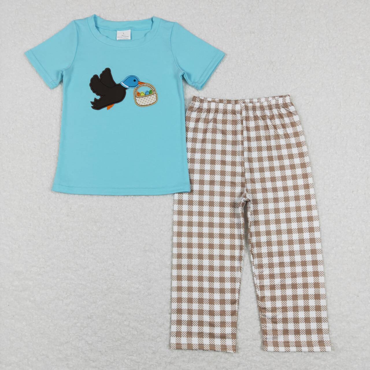 Embroidery Blue Duck Print Short Sleeve Boy Set