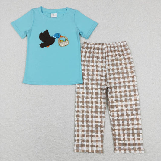 Embroidery Blue Duck Print Short Sleeve Boy Set