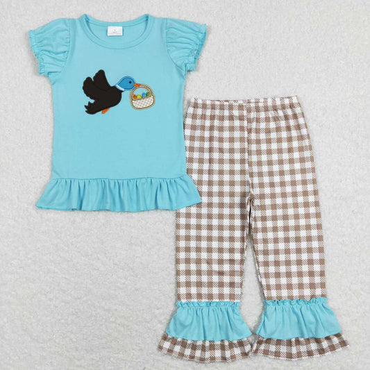 Embroidery Blue Blue Duck Plaid Girls Set