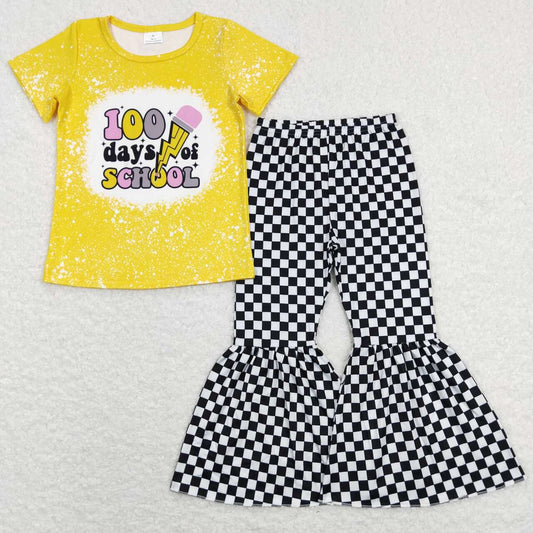 Yellow 100 Pencil Print Short Sleeve Shirt Girls Set