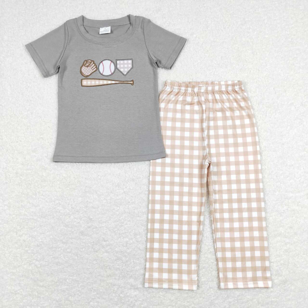 Grey Baseball Plaid Print Short-sleeved Boy Set