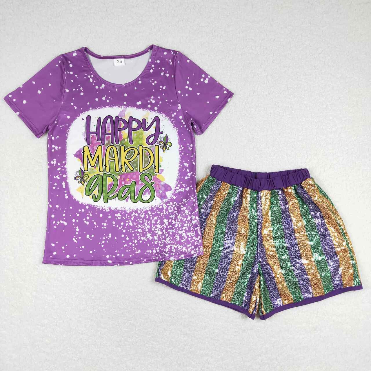 Happy Mardi Gras Purple Print Short Shirt +short sequin Set