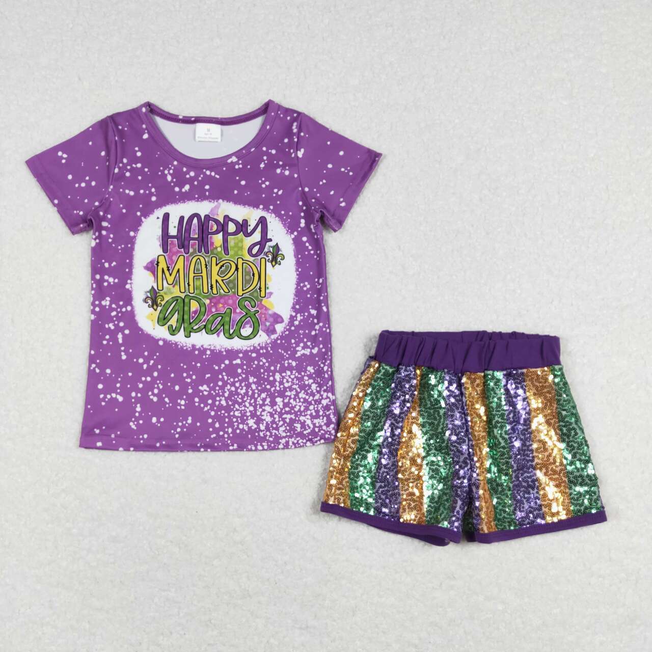 Happy Mardi Gras Purple Print Short Shirt +short sequin Set
