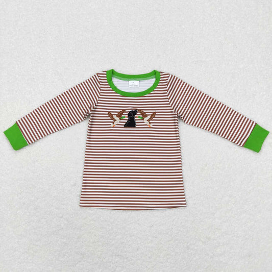 Stripe Embroidery Dark Stripe Duck Print Long Sleeve Boy Shirt