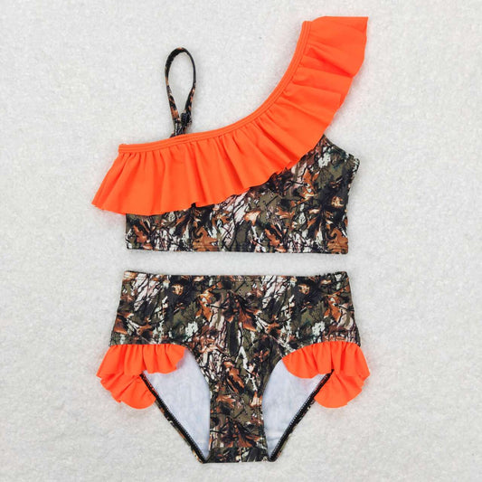 2pc Orange Camo Print printing Swimsuit