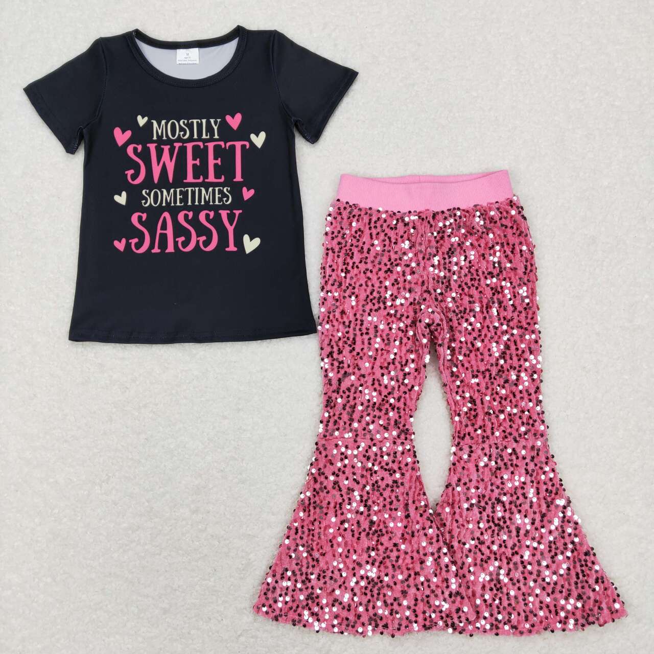 Black SWEET SASSY Print Cartoon Short Shirt Pink Sequin Pants Jeans