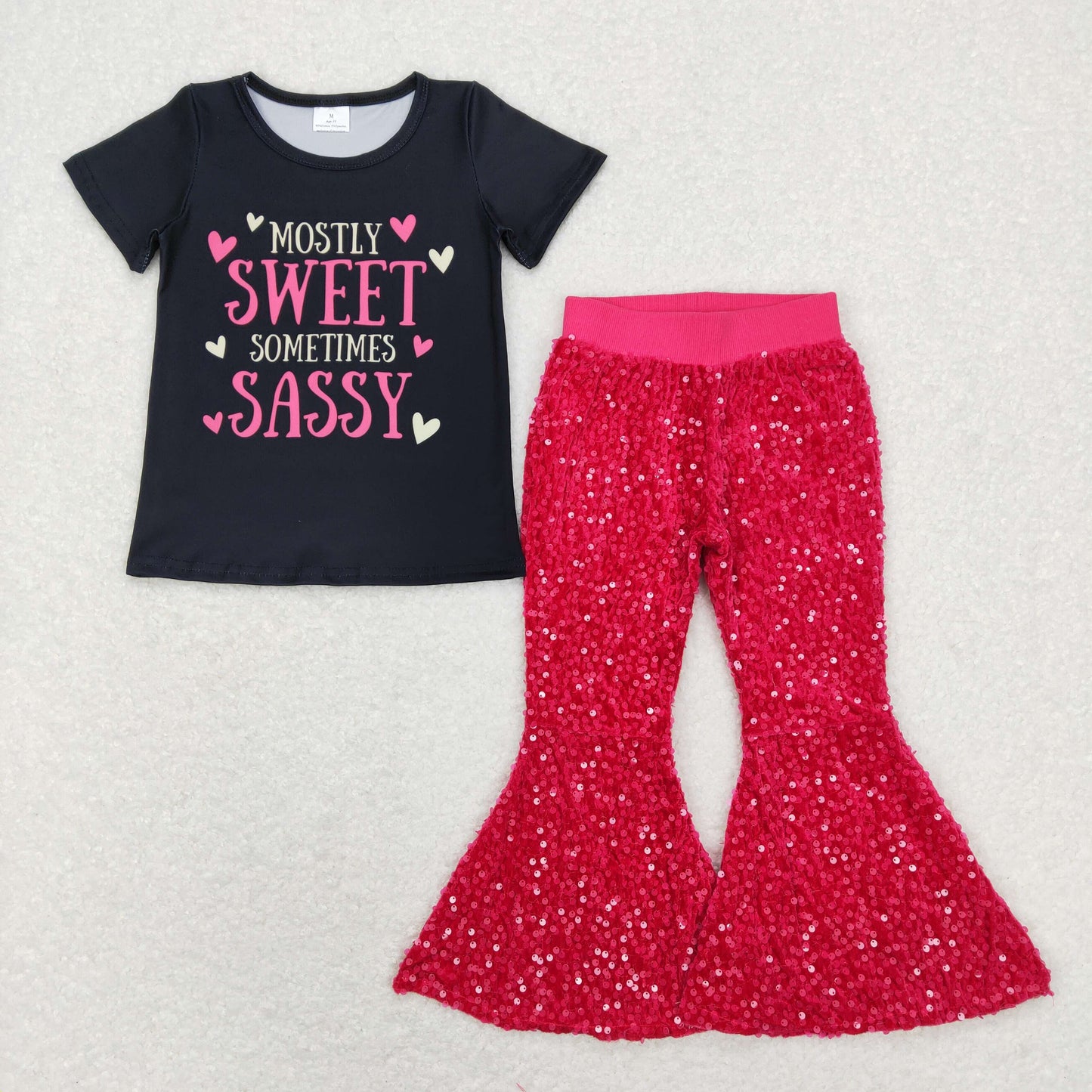 Black SWEET SASSY Print Cartoon Short Shirt Hot Pink Sequin Pants Jeans