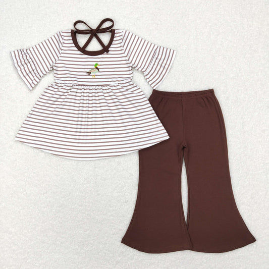 Embroidery Duck Stripe Bell Pants Set