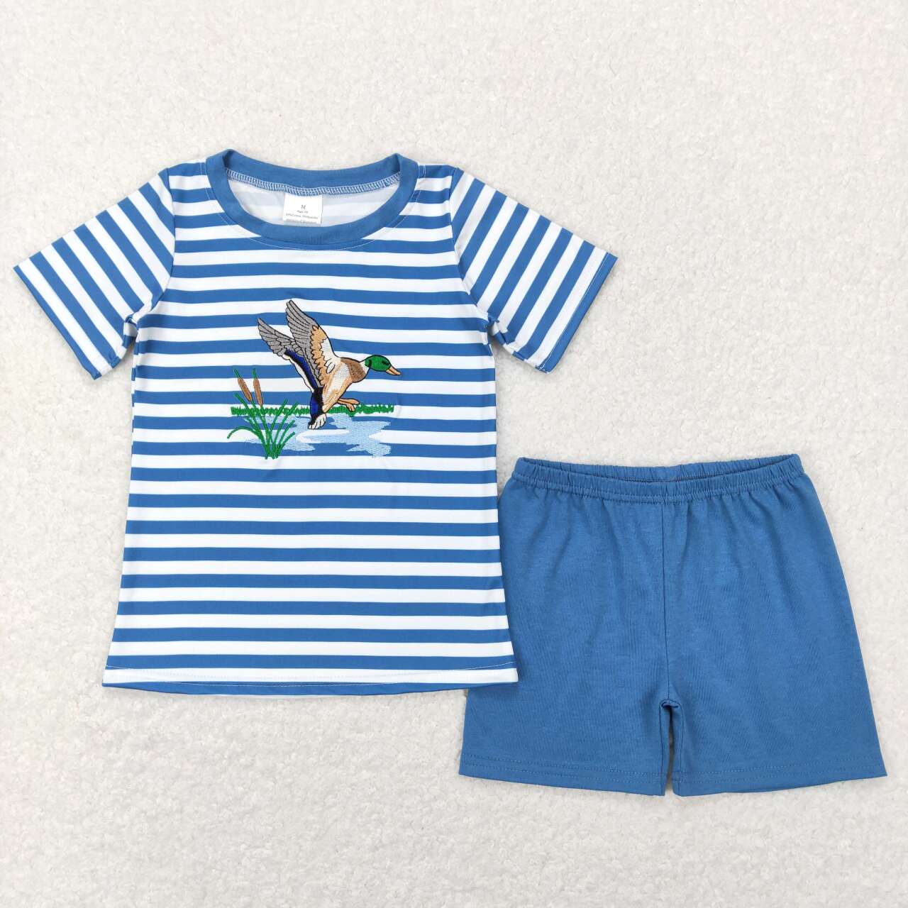embroidery Blue Duck Print Stripe Boy Outfit