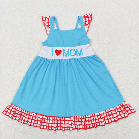 Embroidered Blue I LOVE MOM Print Short sleeve Dress