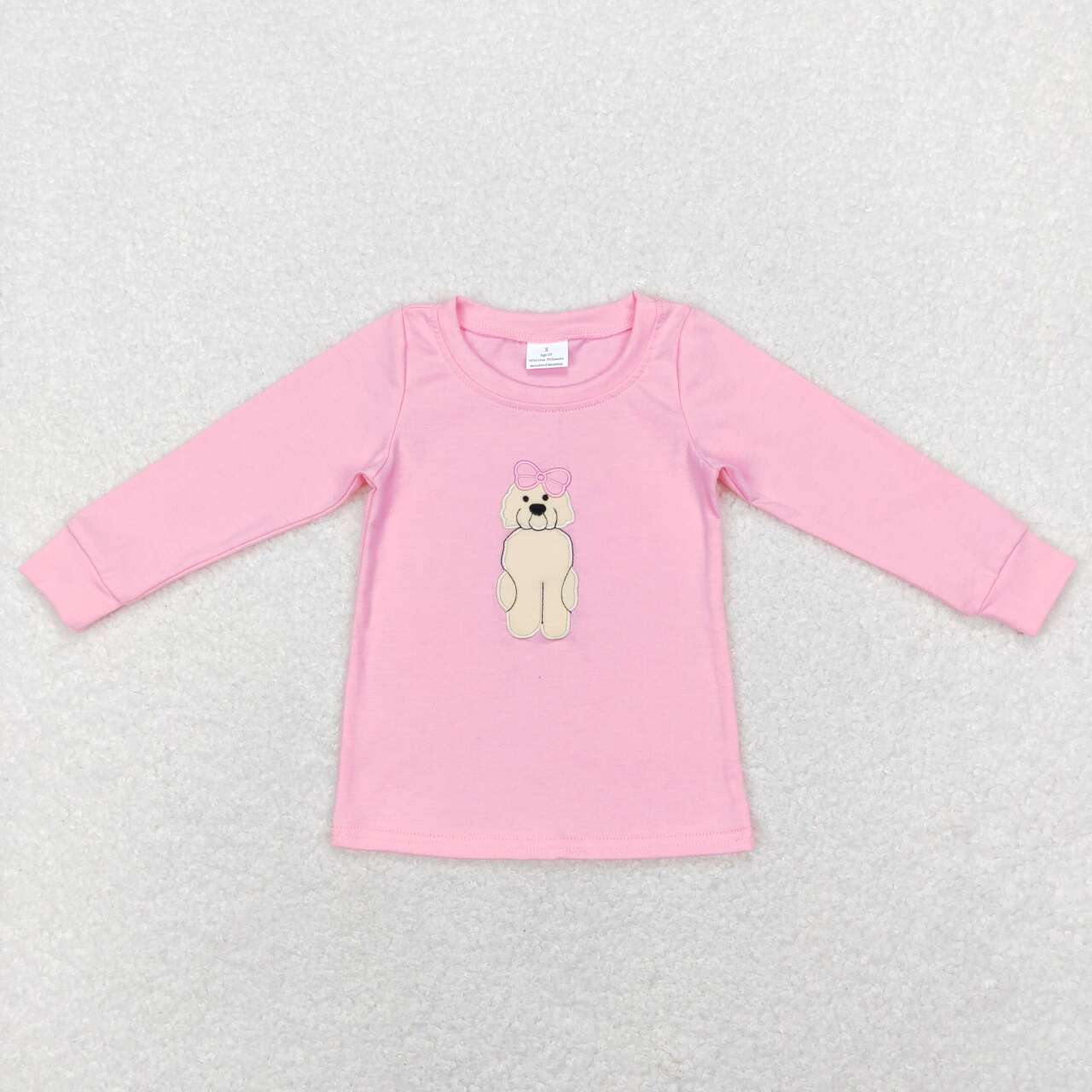Embroidery Pink Dog Girls Long Sleeve Shirt