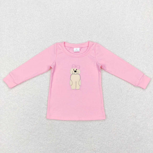 Embroidery Pink Dog Girls Long Sleeve Shirt