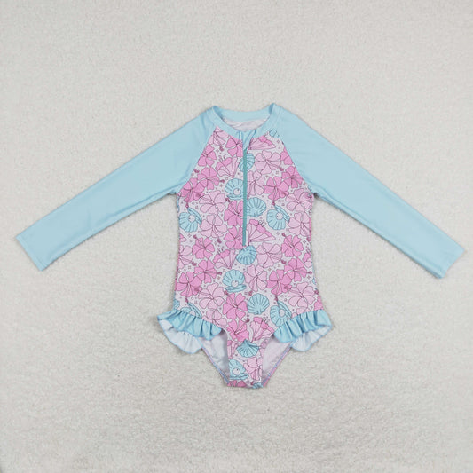 Blue flower printing Long Sleeve Swimsuit