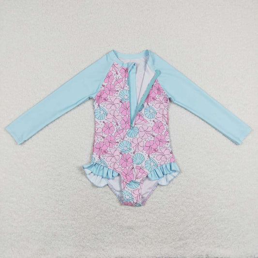 Blue flower printing Long Sleeve Swimsuit